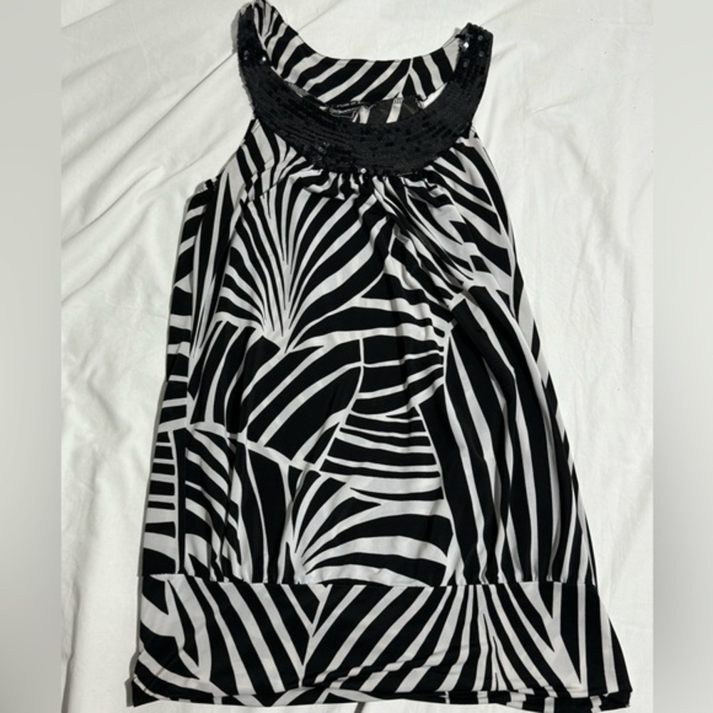 Black and White Blouse With Black Sequin Neck